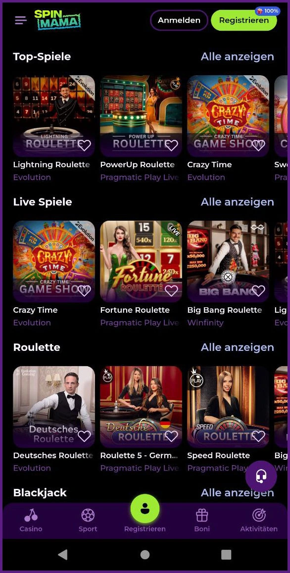 Alle Live Casino Spiele bei Spinmama – Blackjack, Roulette & mehr erleben