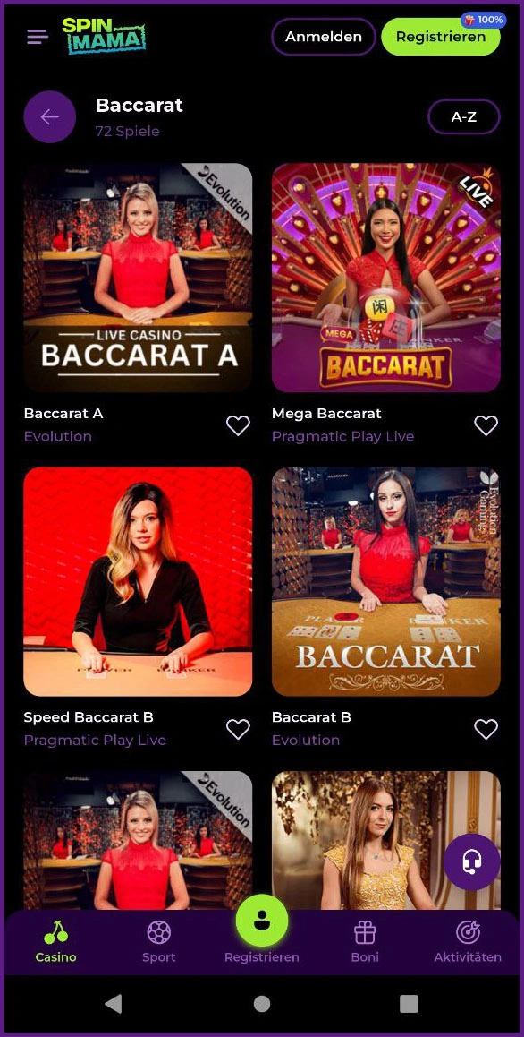 Baccarat-Tischspiele live & online bei SpinmamaCasino