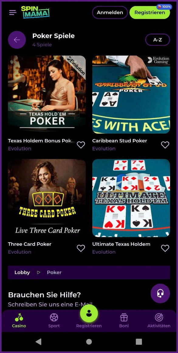 Online Poker-Erlebnis an virtuellen Spinmama-Tischen