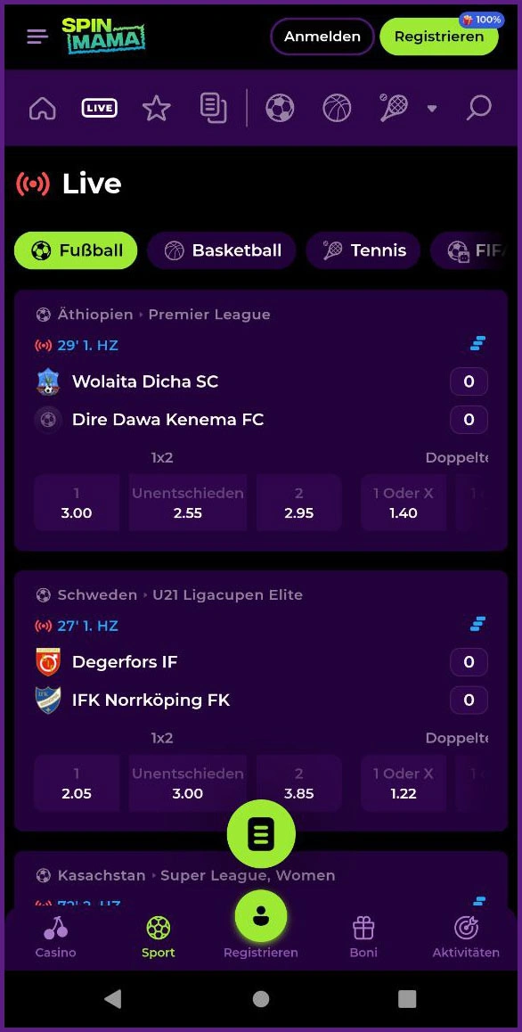 Pre-Match Sportwetten bei Spinmama