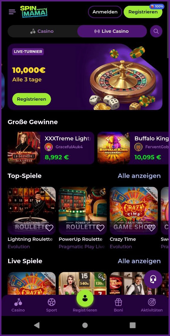 Übersicht der Spinmama-Hauptseite